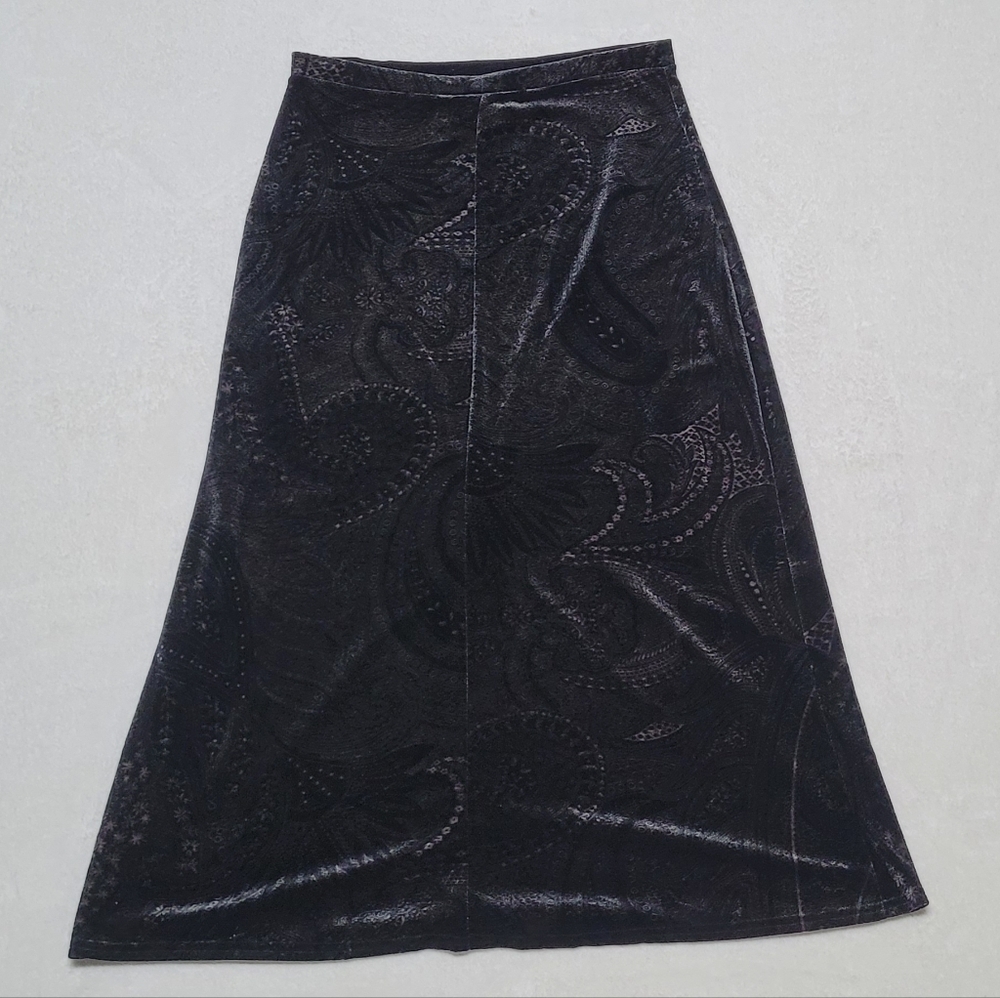 Kathie Lee Whimsigoth Vintage 90s Black Gray Paisley Velvet A-line Maxi Skirt M - Picture 5 of 9